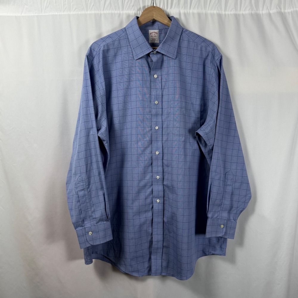 Brooks Brothers Traditional Fit Non Iron Blue Glen Plaid‎ Dress Shirt  17 34